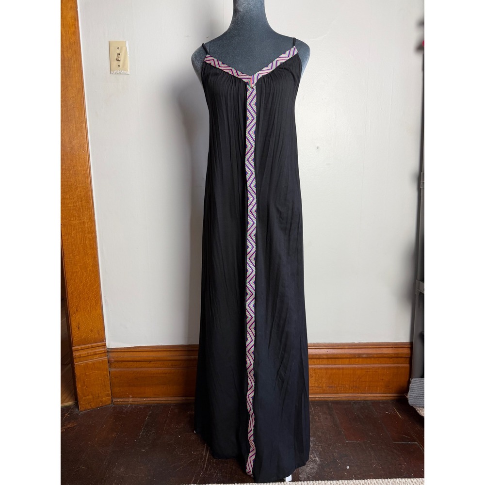 Black Embroidered Chevron Trim Maxi Dress gauzy Boho Beachy Cover Up coastal S